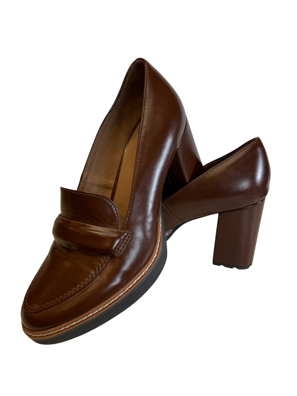 Naturalizer Womens 8.5W Brown Loafer Pump Chunky Block Heel Lug Sole Dress Shoes